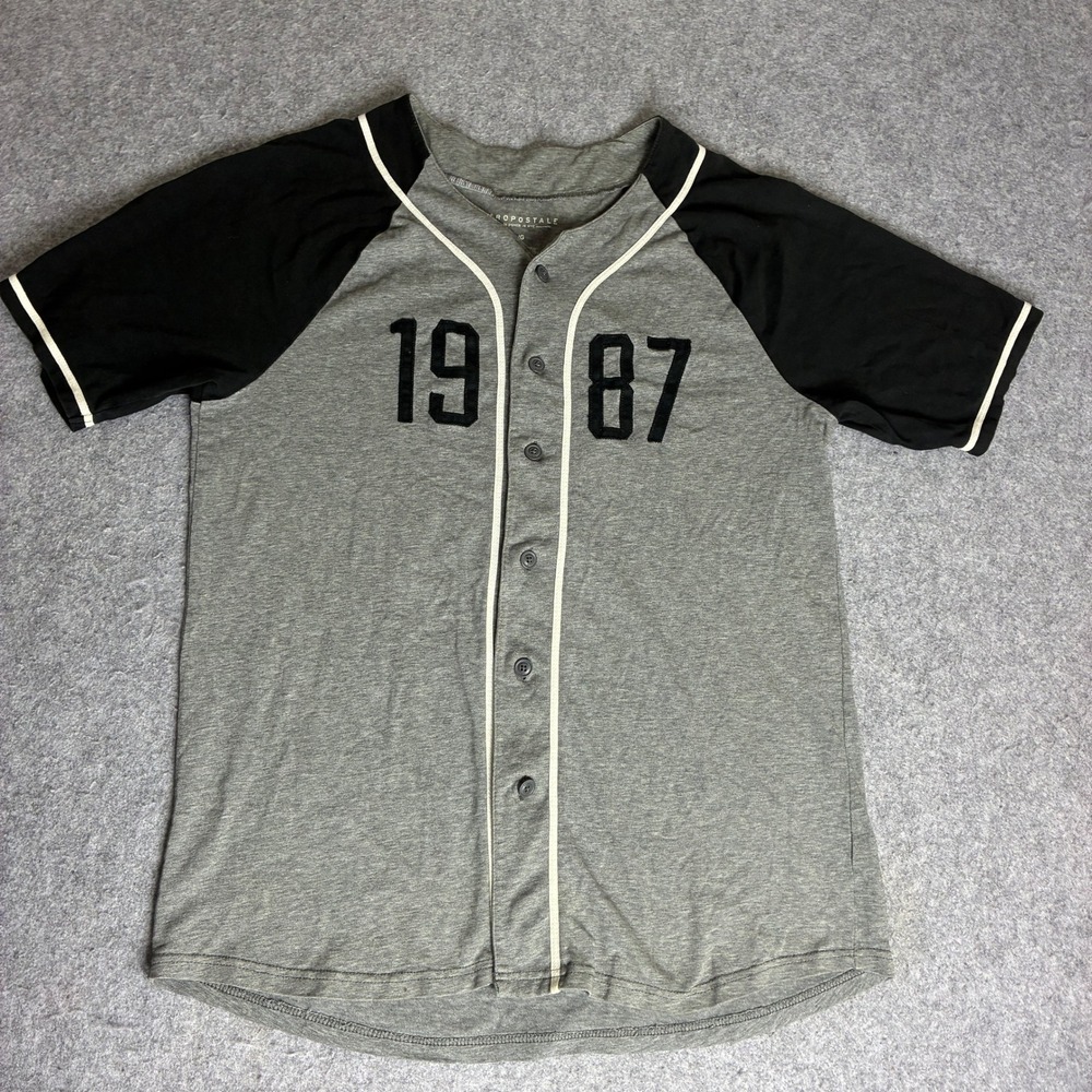 Aeropostale Men's Size Large Baseball Jersey Shirt Grey Black 1987 NY Graphic